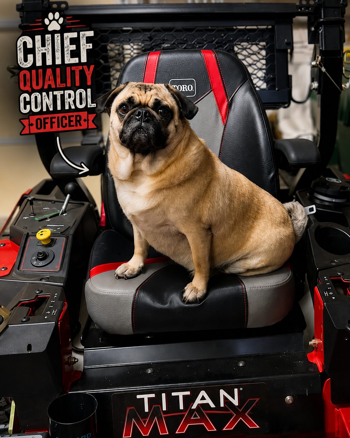 pug-life-lawn-care-quality-control-manager picture of baxter the pug sitting on the mower
